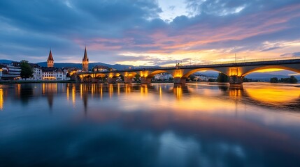 Fototapeta premium Serene sunset over a river, reflecting the illuminated bridge and historic town architecture with its church spires at twilight. : Generative AI