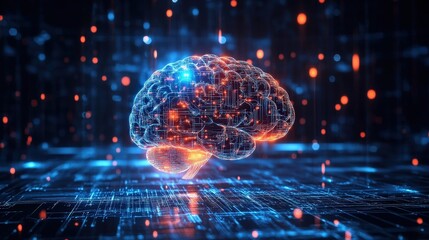 A conceptual image of a human brain illuminated by a glowing processor, surrounded by flowing data and machine learning algorithms, representing the merging of human intellect and AI technology.