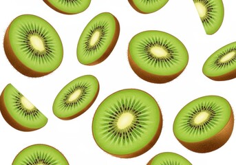 Fototapeta premium Scattered kiwi fruit slices create a vibrant and refreshing pattern against a clean white background