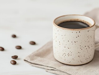 Speckled White Ceramic Coffee Mug with Coffee Beans on Linen Cloth