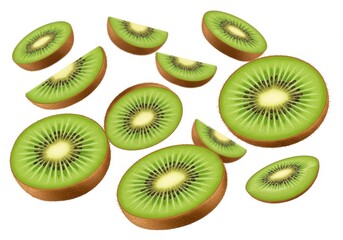 Fototapeta premium Scattered kiwi fruit slices and halves with green flesh and brown skin on a white background