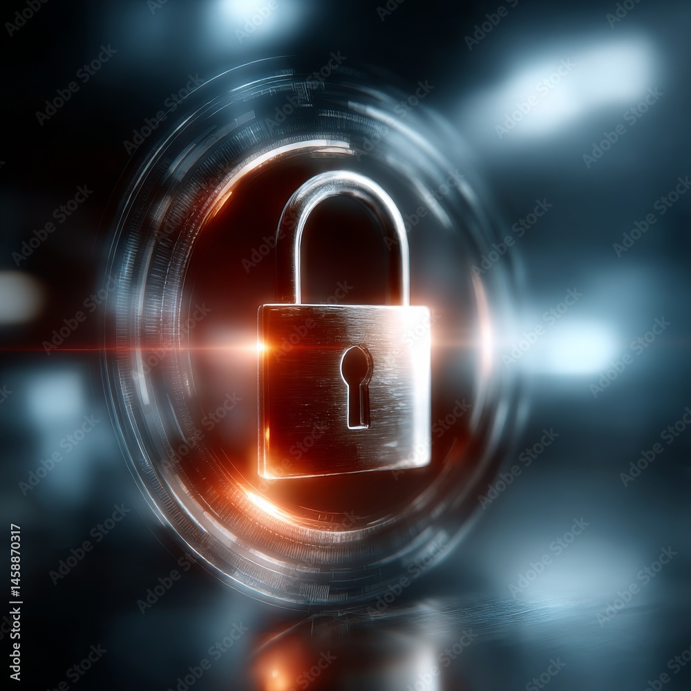 Aufkleber Digital Fortress: Securing Your Data in a Cyberspace with Futuristic Padlock and Glowing Circular Shield