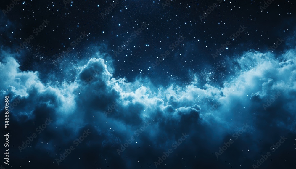 Poster stunning deep blue nebula with starry sky space background featuring dramatic cloud formations and c