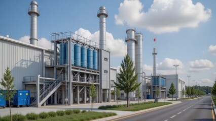 Modern Natural Gas Power Plant with Blue Tanks and Smokestacks Generating Clean Energy, Industrial Landscape