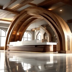 Fototapeta premium Elegant Reception Area with Arched Wooden Beams and Polished Floor Reflection - A Modern Interior Design