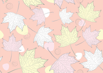 seamless pattern with autumn leaves, gray, white and yellow pastel maple leaves isolated on light pink orange background	