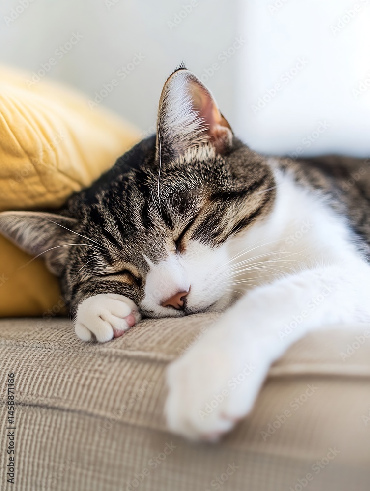 Poster a tabby cat peacefully sleeps on a beige couch, its paws tucked beneath its head, resting on a yello