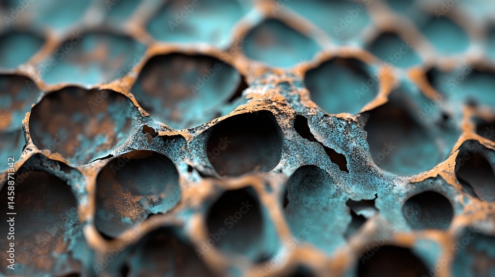 Poster Close-up view of a textured surface with teal and orange hues, showing a honeycomb-like pattern with eroded or weathered details, creating an abstract and intricate design. : Generative AI
