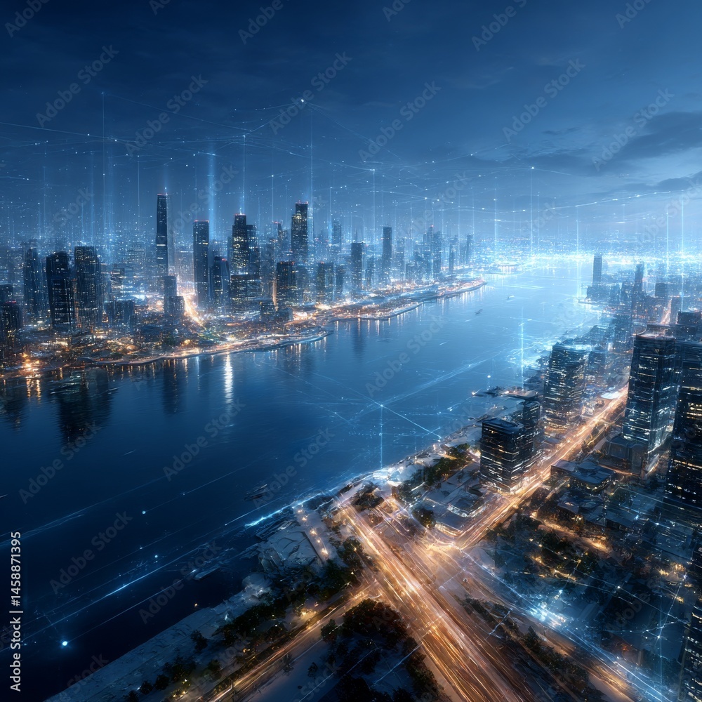 Poster futuristic cityscape at night with digital network overlay, a modern metropolis connected by data st