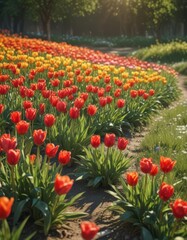 Fototapeta premium Sunlit meadow, vibrant tulips blooming in spring , celebration, fresh, green