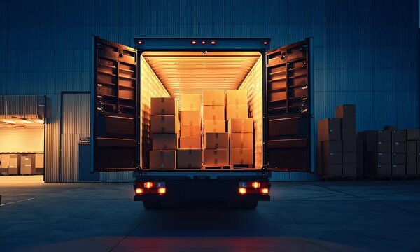 A truck with its rear doors open, displaying boxes inside it in front of an industrial warehouse. 