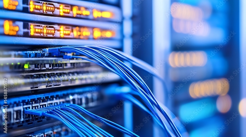 Poster close-up view of blue fiber optic cables connected to a network server, showcasing data transfer and
