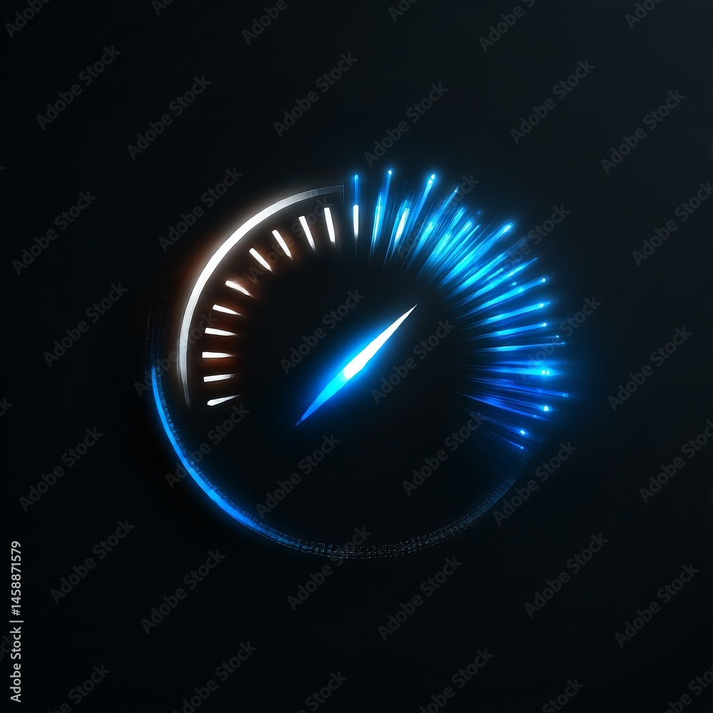Poster futuristic speedometer: neon glowing gauge with high velocity, represents performance and technology
