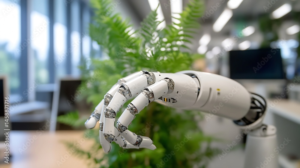 Poster Close-up of a robotic hand gently interacting with a potted plant in a modern office setting, showcasing advanced technology and a blend of nature and artificial intelligence. : Generative AI