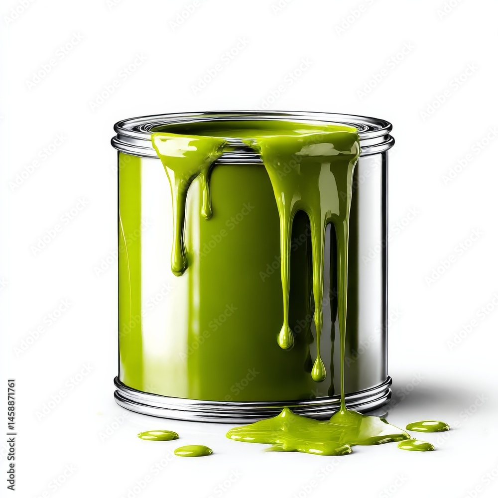 Aufkleber green paint overflow: a vibrant paint can dripping with bold, glossy color on a clean white backgrou