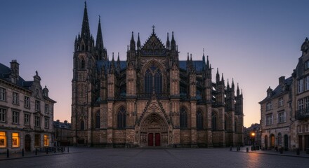 Fototapeta premium Gothic Cathedral at Twilight in European City Square