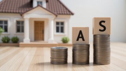 Rising Real Estate Value: Stacked Coins & Model House Depicting Property Appreciation