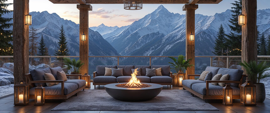 Cozy outdoor patio with firepit and mountain views in winter evening setting - Powered by Adobe