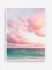 Photograph of a beautiful sunset over the ocean. the sky is filled with fluffy pink and orange clouds, creating a soft and dreamy atmosphere.