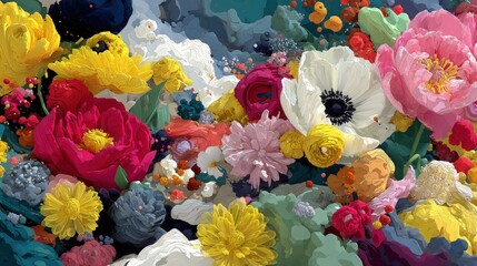 A vibrant arrangement of colorful flowers in full bloom, showcasing nature's beauty amidst a soft background