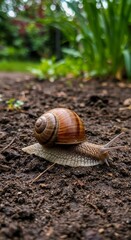 Brown Snail Crawling on Dark Soil in Garden