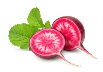 Sliced watermelon radish with green leaves on a white background shows vibrant colors and texture
