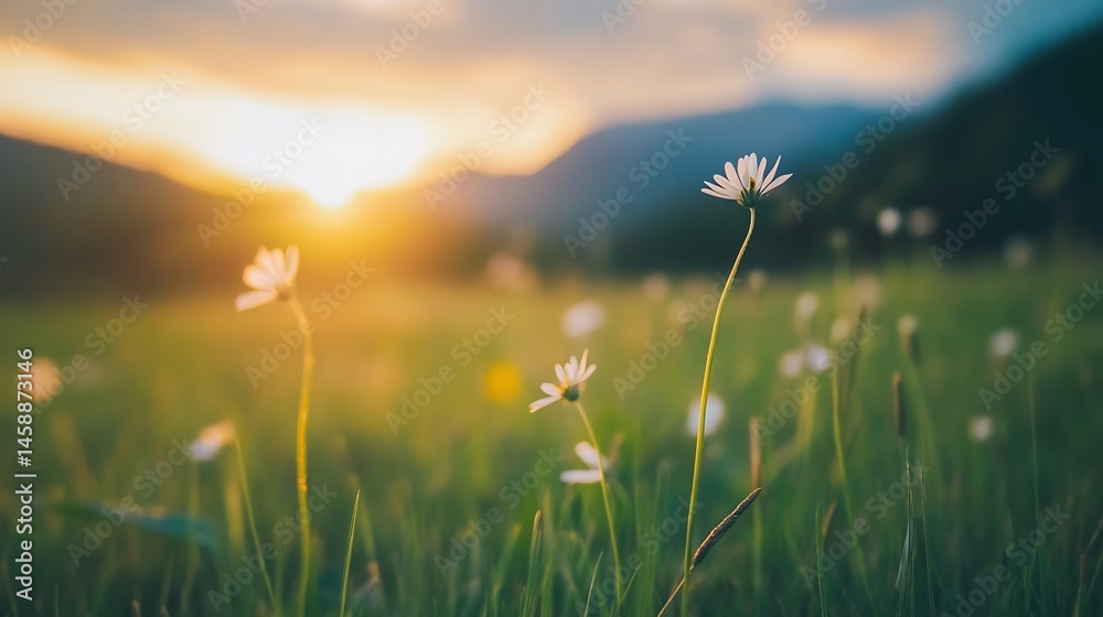 Poster close-up of daisies in a field at sunset, with mountains in the background. golden hour light illumi
