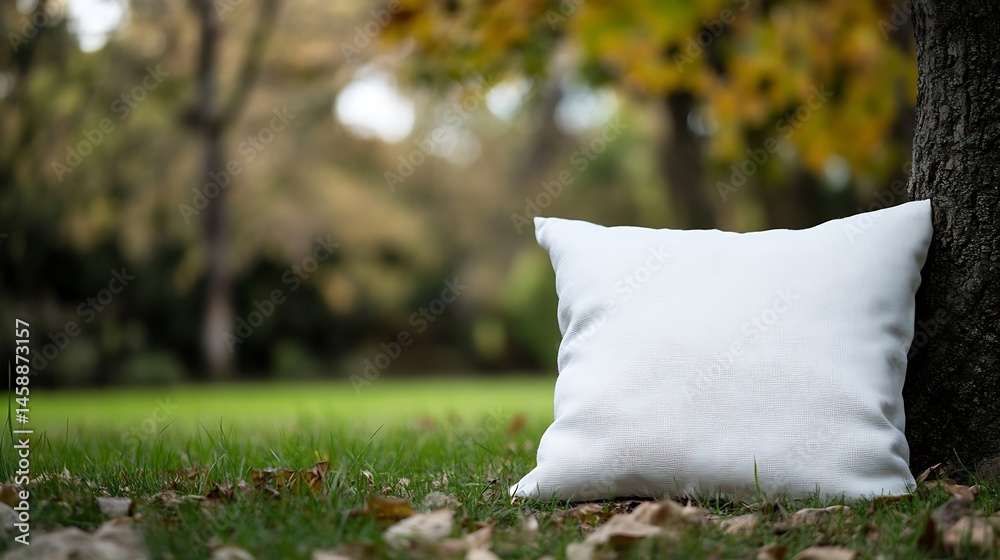 Poster White square pillow resting against tree trunk in autumnal park setting, showcasing soft texture and natural outdoor backdrop. : Generative AI