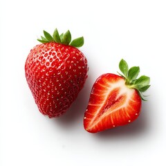 Ripe Strawberry Showcase: A Whole and a Halved Fresh Fruit Displayed on White Background