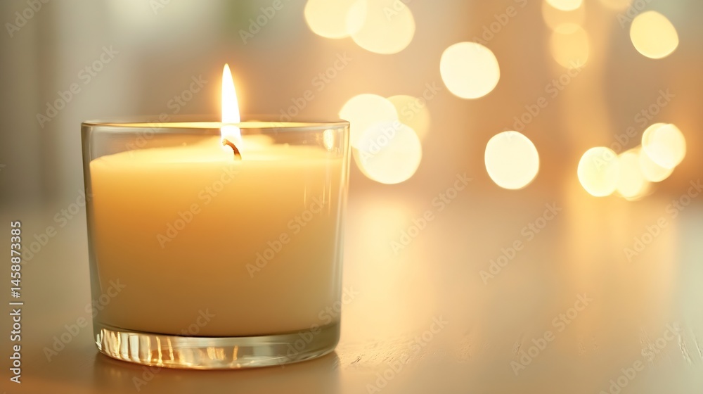Poster a single burning candle in a glass holder sits on a table, softly illuminated by a bokeh background 