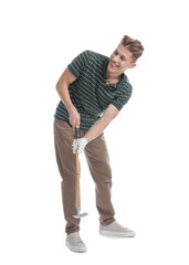 Man with golf club on white background