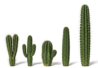 Five green cacti of varying heights stand in a row against a solid white background
