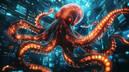 Obraz premium A cybernetic octopus hacking into a supercomputer, its glowing tentacles spreading across the data stream