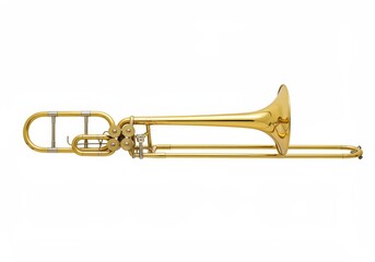 Obraz premium A shiny gold trombone with a slide and bell is displayed horizontally against a white background in a studio shot