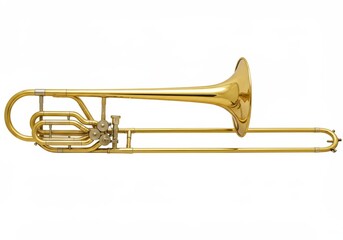 Fototapeta premium Close-up of a shiny gold trombone on a white background, showing the slide and bell