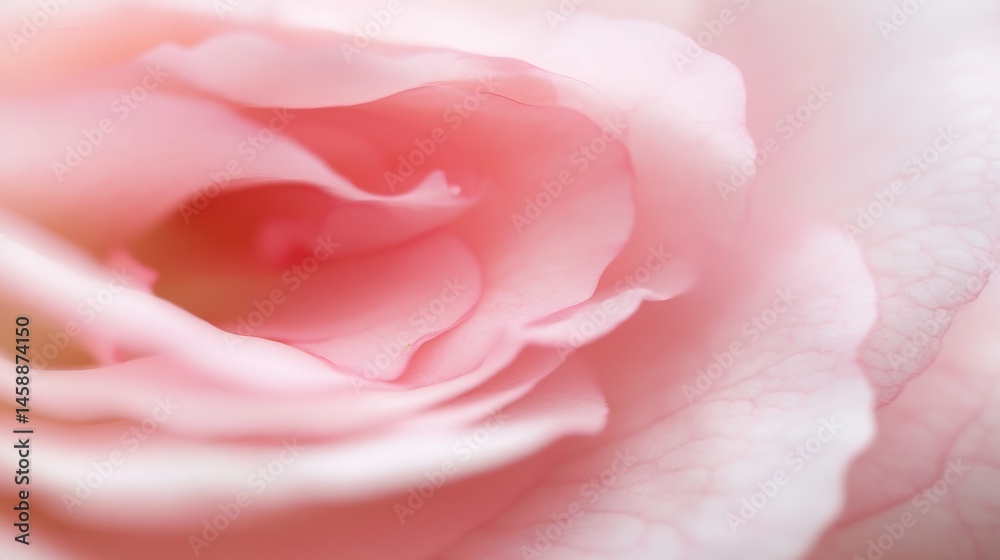 Poster close-up view of a delicate pink rose, showcasing the soft, layered petals and subtle texture of the