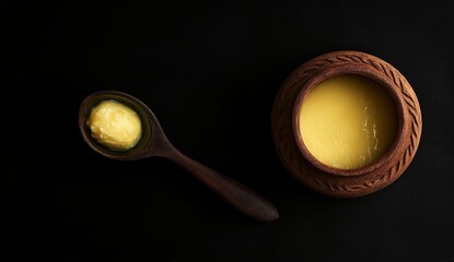 Fototapeta premium Ghee in a clay pot and spoon