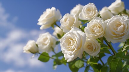 White rose bouquet in soft sunlight, purity and serenity in nature's embrace