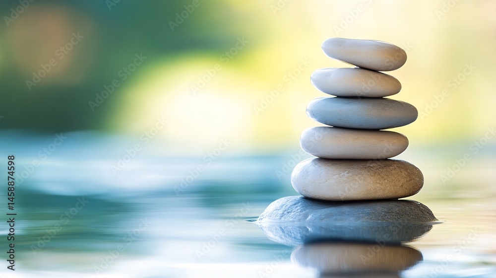 Aufkleber serene stack of smooth stones in calm water, reflecting tranquility and balance in nature's embrace.