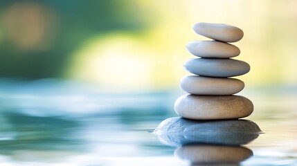 Obraz premium Serene Stack of Smooth Stones in Calm Water, Reflecting Tranquility and Balance in Nature's Embrace. : Generative AI