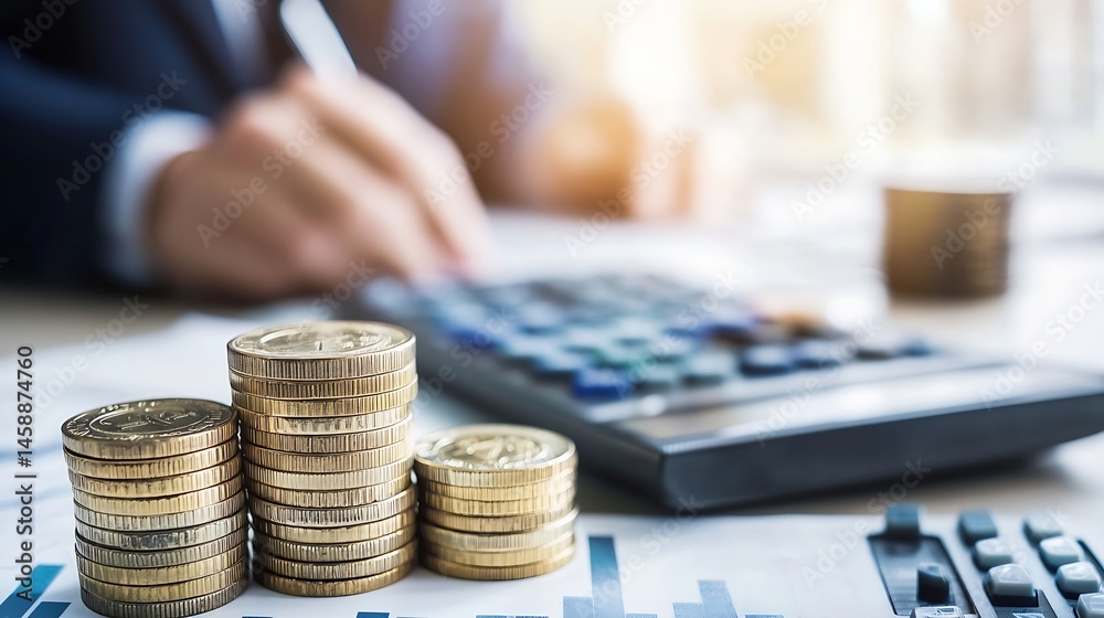Aufkleber stacks of gold coins sit on a financial report near a blurred businessman using a calculator, symbol