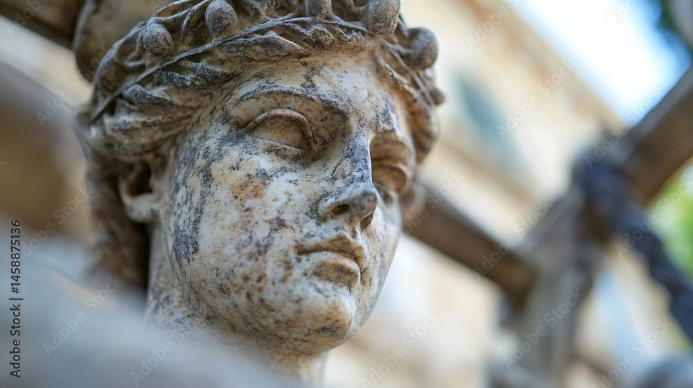 Poster close-up view of a weathered marble statue head, adorned with a leaf crown, set against a blurred ur