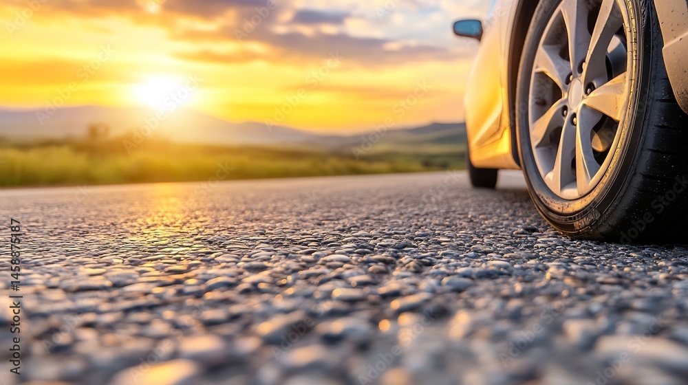Poster close-up view of a car tire on a road at sunset, with a blurred background of golden sky and hills. 