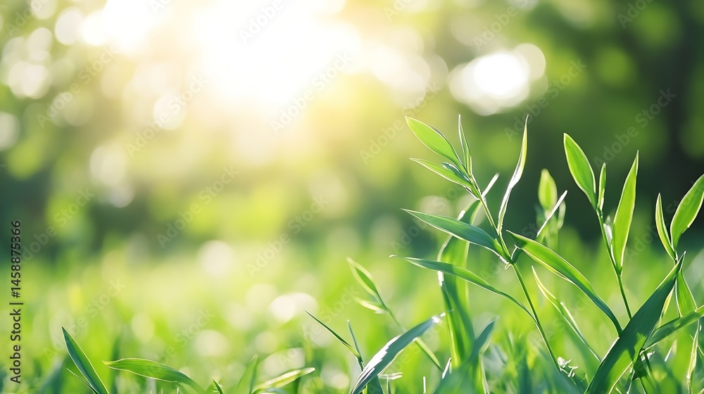 Aufkleber Close-up view of vibrant green grass blades illuminated by sunlight, creating a bokeh effect in the background.  The scene evokes feelings of freshness and serenity. : Generative AI