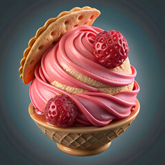 Strawberry Ice Cream with Waffle Cone and Fresh Strawberries