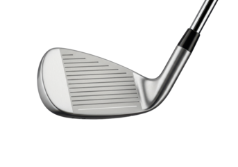 Sleek iron golf club face glistens in the light ready for a powerful swing