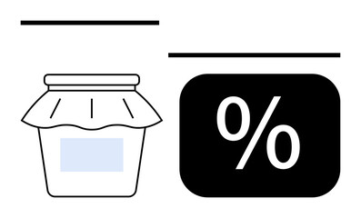 Glass jar with cloth cover beside bold percentage symbol representing discounts, sales, deals, savings, shopping, promotions, or food pricing. Ideal for marketing, pricing retail and campaign