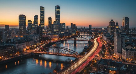 Obraz premium City Skyline at Sunset with River Traffic