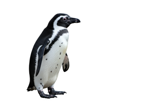 Solemn penguin stands alone against a stark black backdrop