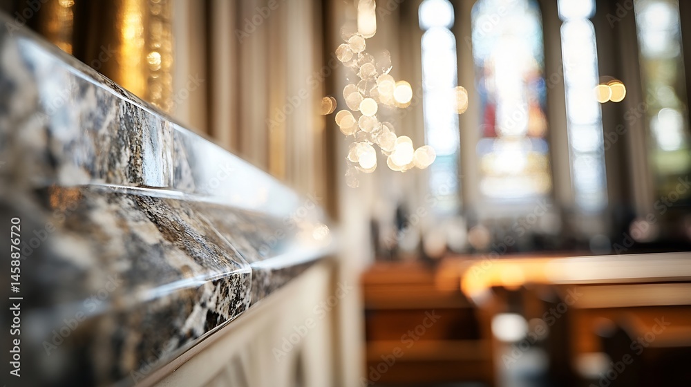 Aufkleber Close-up view of a polished granite countertop edge, showcasing its intricate veining and texture, with a softly blurred church interior in the background, suggesting serenity and eleg : Generative AI